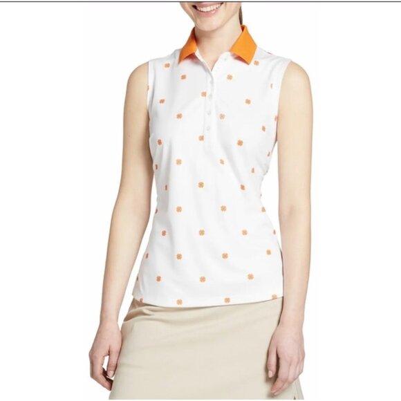 Lady Hagen Ruffle Plaquet Sleeveless Golf Pro Polo Shirt With Orange Collar & Fl - Picture 1 of 7